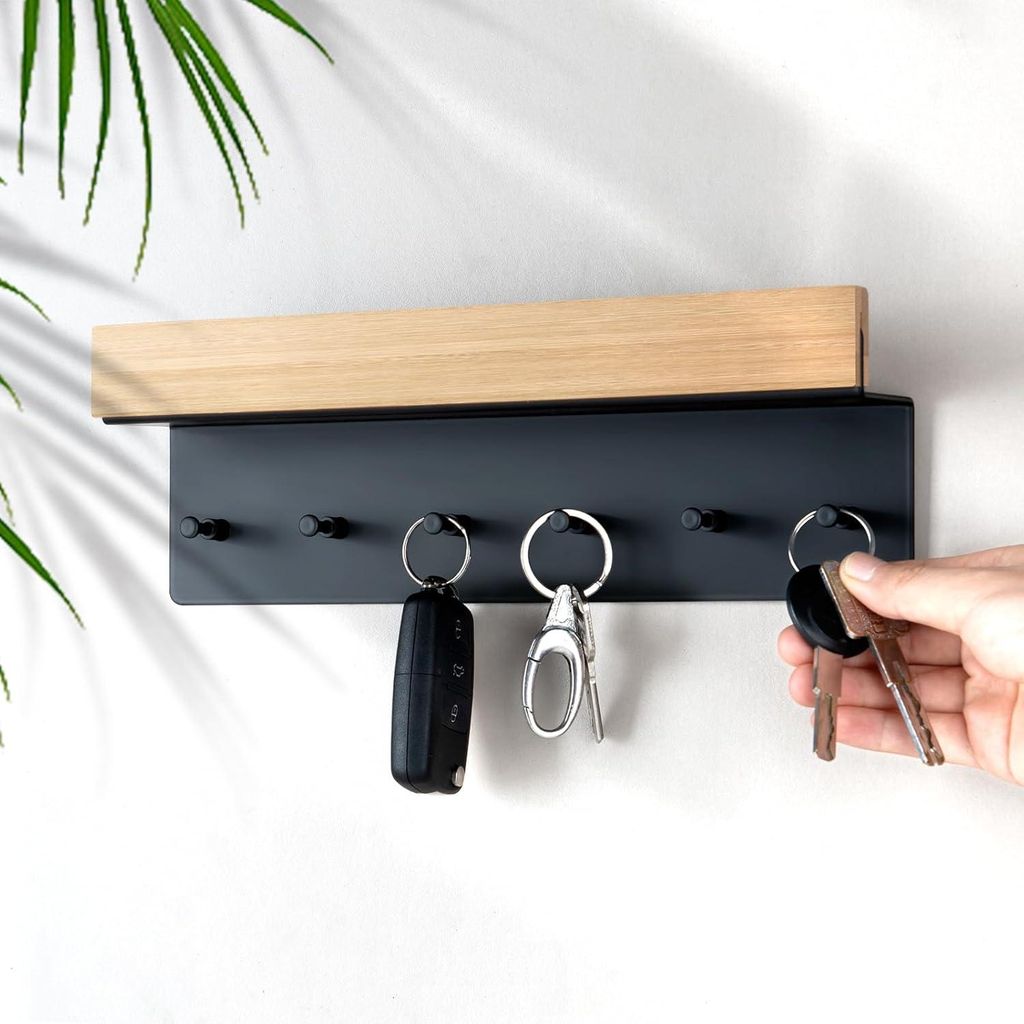 Holz-Schlüsselbrett mit Ablage und 6 Haken - Wand-Schlüsselboard für Eingangsbereich, Flur, Küche