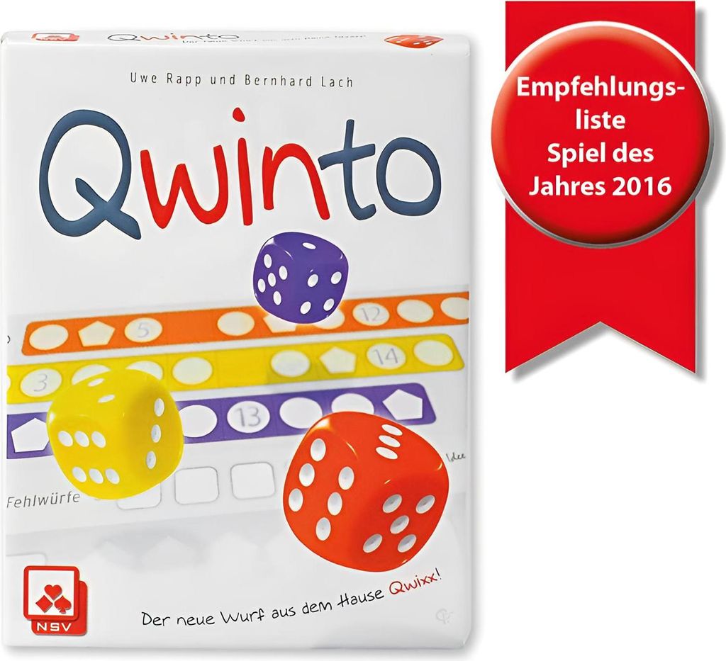 The image shows the box of the board game Qwinto, with dice and game elements visible.