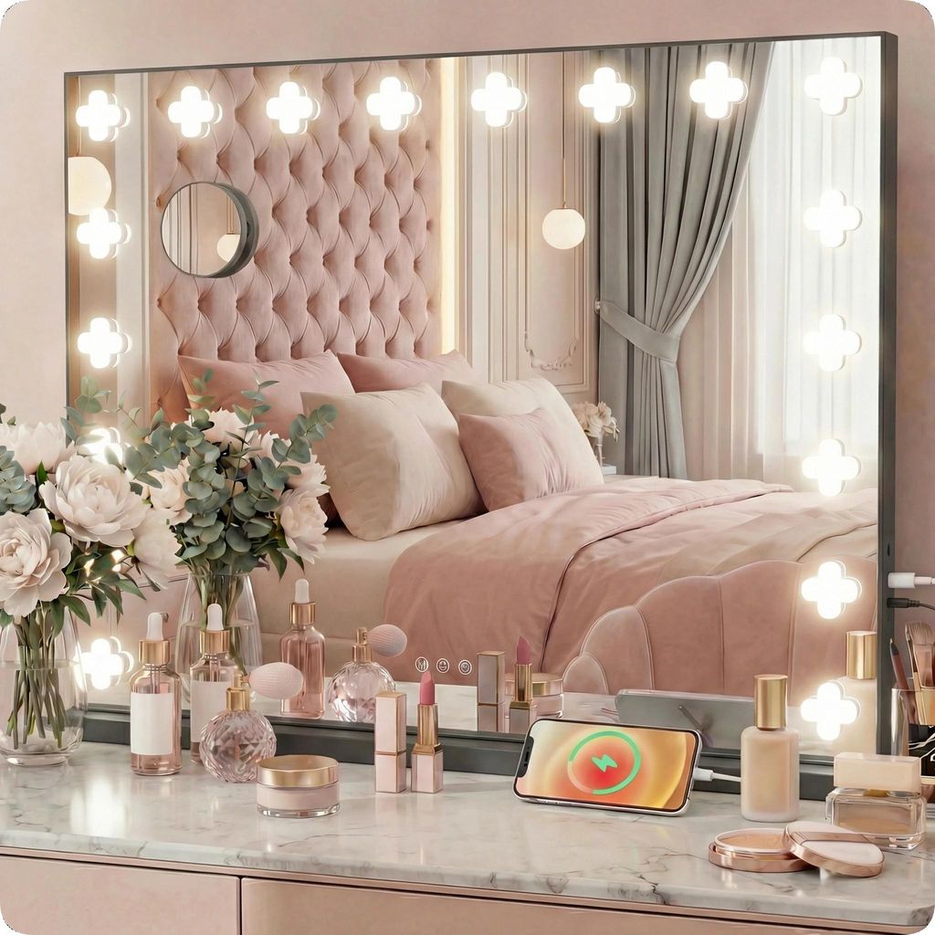 Specchio da Trucco Hollywood Nero 58x46 cm - 18 LED, Luce Immagine del prodotto 