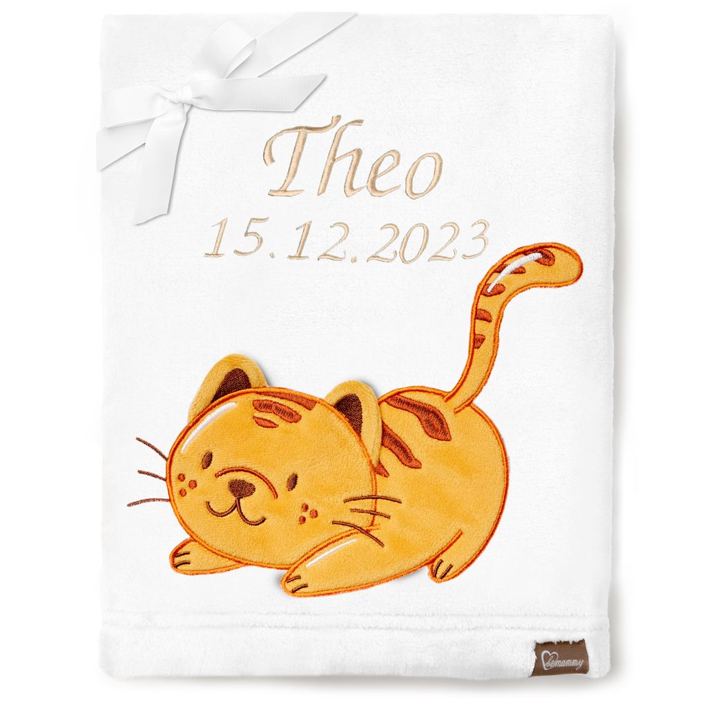 Be Mammy Babydecke mit 3D Applikation bestickt mit Name und Geburtsdatum 76 x 102 cm BE20-280 (Weiß – Katze, 76 x 102 cm)