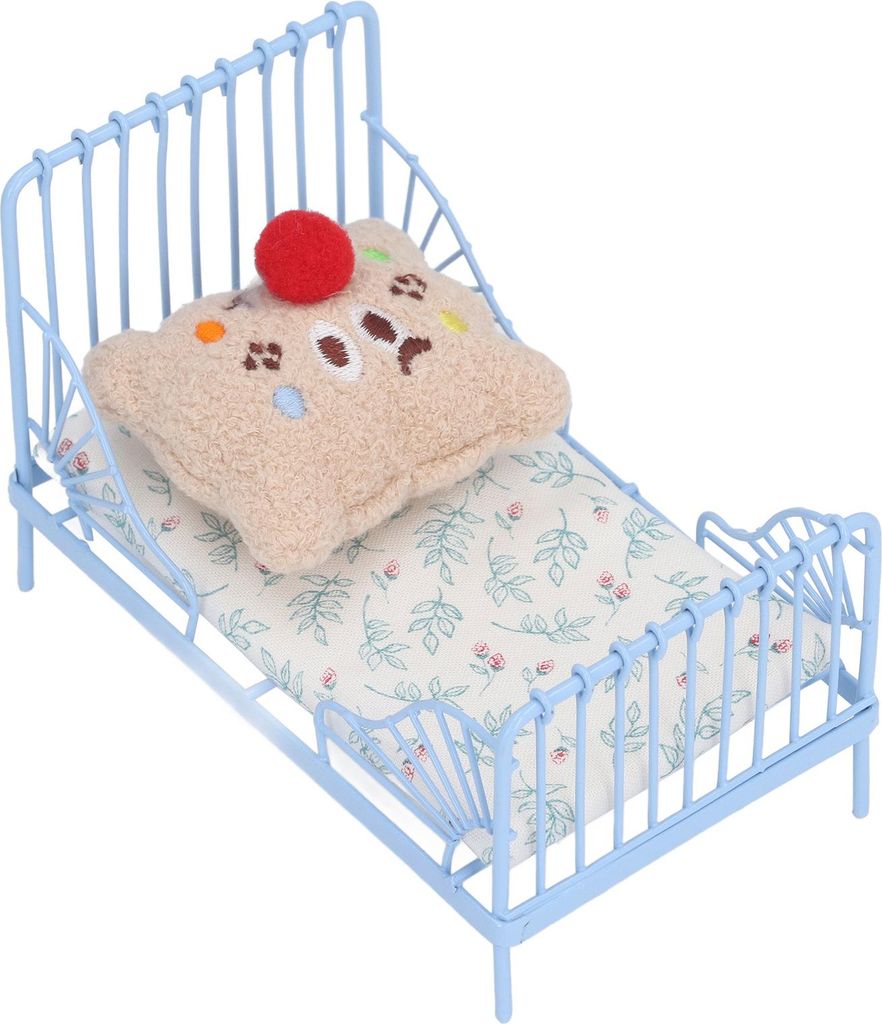 1:12 Miniatur-Bett, Metallstruktur, niedliches Muster, Schwammstoff-Matratze, Puppenhaus, Puppenhaus-Zubehör, blaue Blume