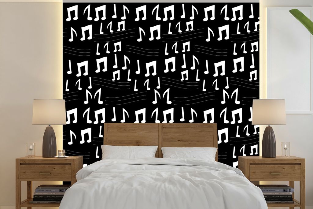 MuchoWow Fototapete für Wohnzimmer oder Schlafzimmer Wandtapete Vinyl Motivtapete Musik - Schwarz und Weiß - Muster - 220x220 cm - Tapeten