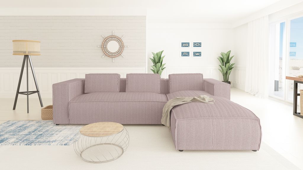 S-STYLE MÖBEL - Modernes Ecksofa Bello aus Puderrosa Cord mit Ottomane rechts und weichem Sitz, B/T/H: 262 cm / 176 cm / 64 cm