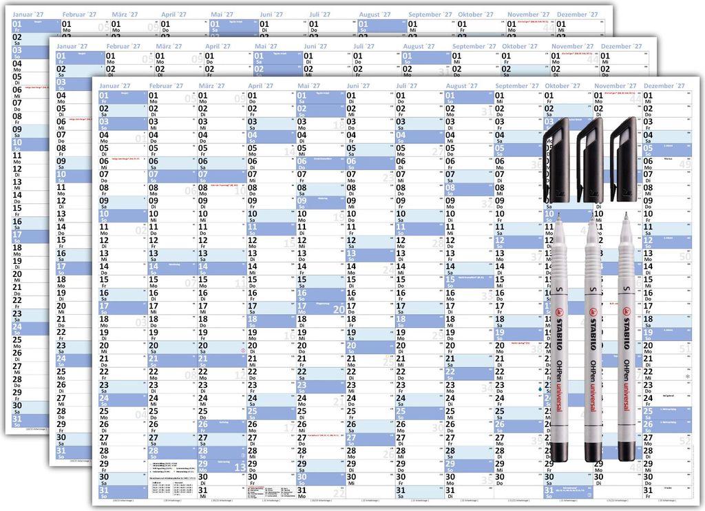 3 Stück XL Wandkalender DIN A1 2027 blau, nass abwischbar + drei Folienstifte Format 59,4 x 84,1cm Jahresplaner Wandplaner Kalender werden gerollt...