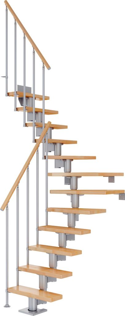 Dolle Mittelholmtreppe Dublin 1/4 gewendelt aus Buche lackiert 71 cm breit für GH 278–337 cm UK Metall Perlgrau mit Einzelstabgeländer