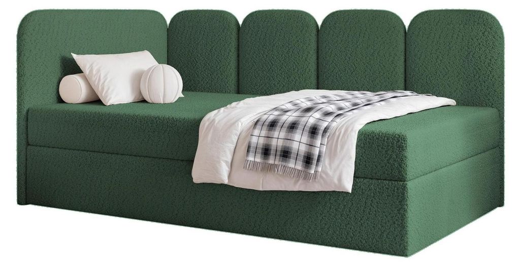 Jugendbett FINO 90x200 Links Bettkasten Bonellmatratze Flaschengrün Bouclé