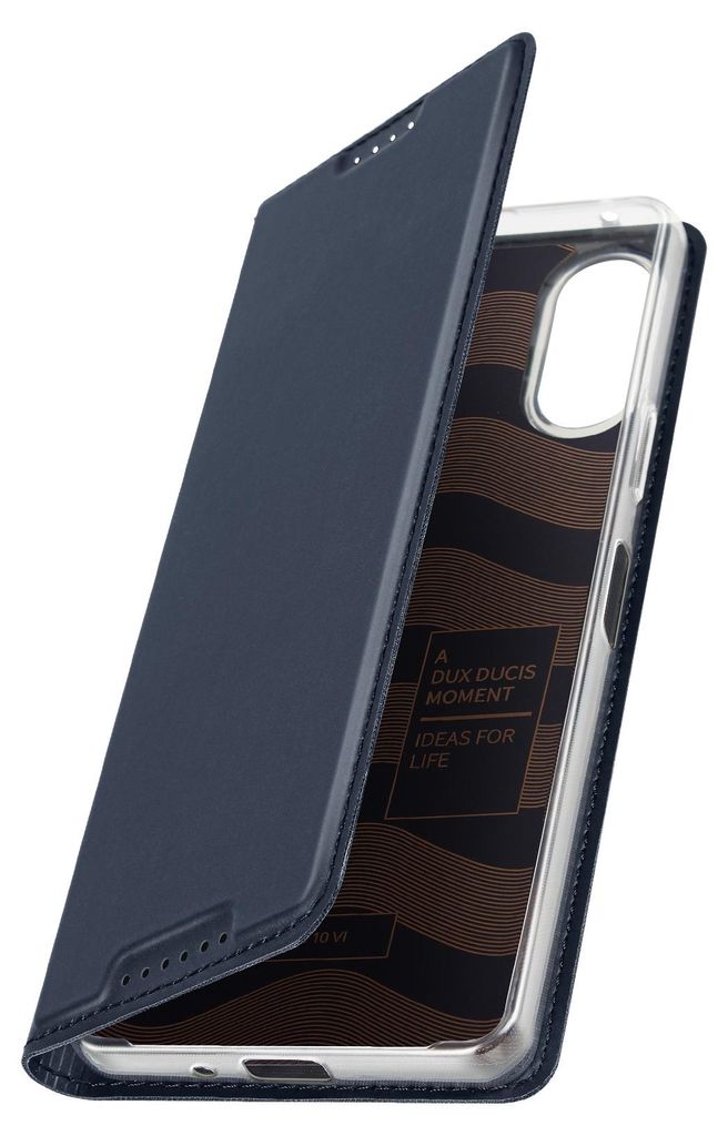 A dark blue flip case for a smartphone is shown open, revealing the interior lining with a patterned design and some text.