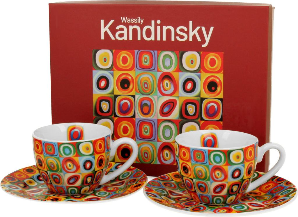 DUO ART GALLERY 2er-Set Espressotassen 110 ml SQUARES WITH CIRCLES inspired by W. Kandinsky, mit Untertassen, New Bone China Porzellan