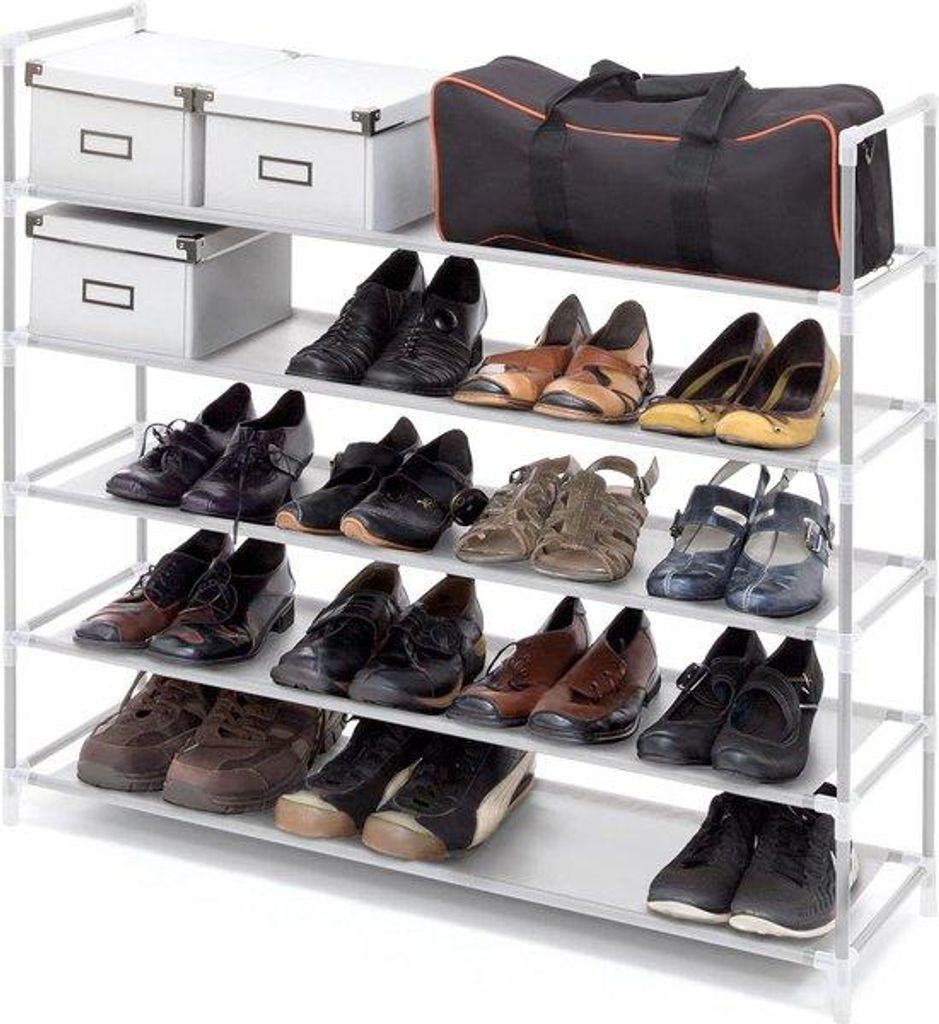 Schuhrek stecksystem - 5 Ebenen - Metall und Stoff - Weiß - HBT 905x87x295 cm - 20 Paar Schuhrek Garage