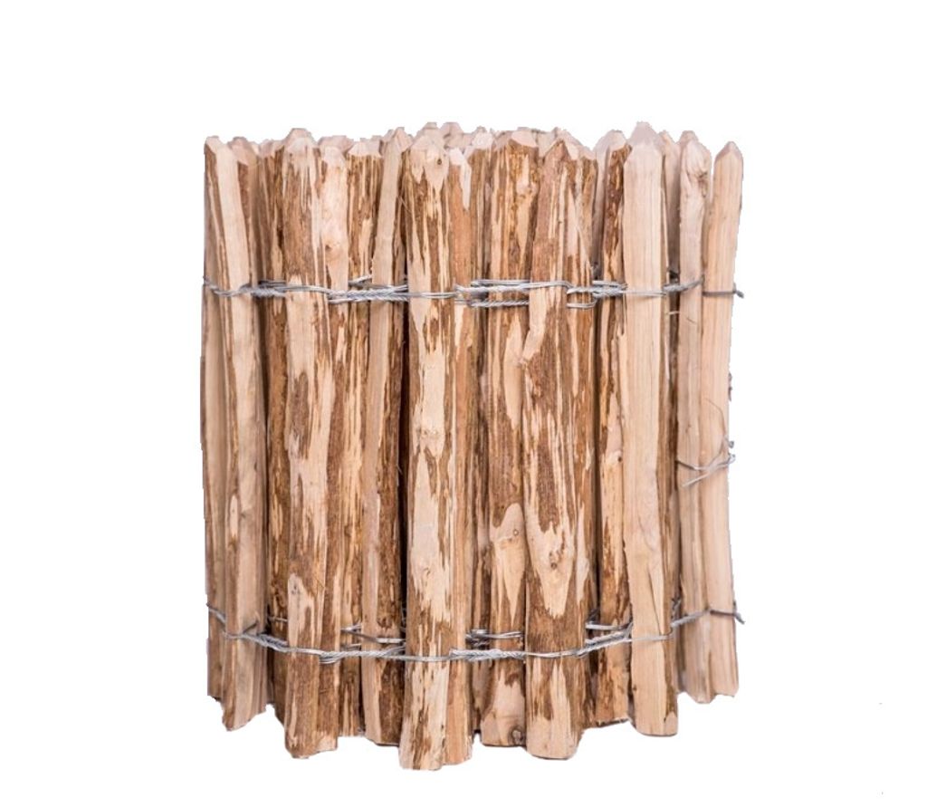 A section of a rustic wooden fence made of pointed stakes bound together with wire.