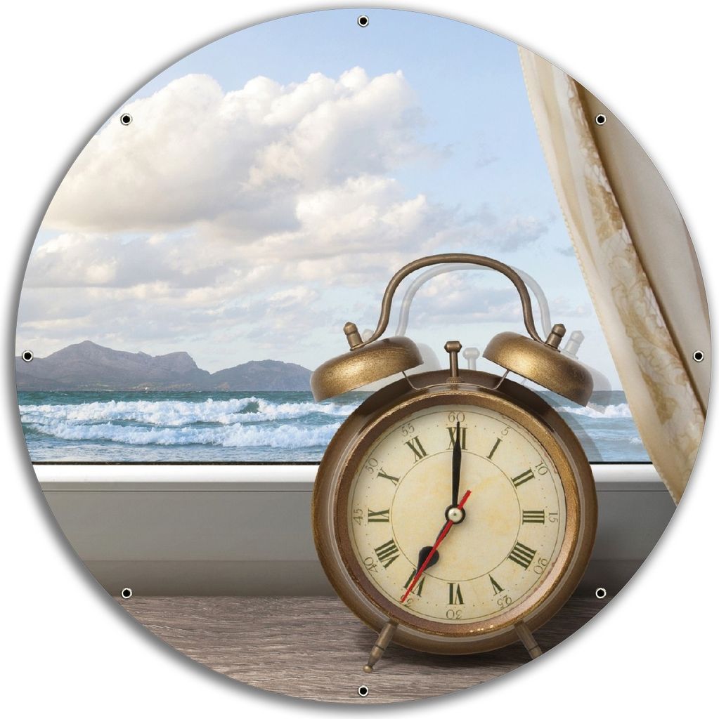 Wallario rundes Outdoor-Poster für Garten oder Balkon, Motiv Guten Morgen sagt das Meer - Wecker und Vorhang am Fenster, 60 cm Durchmesser