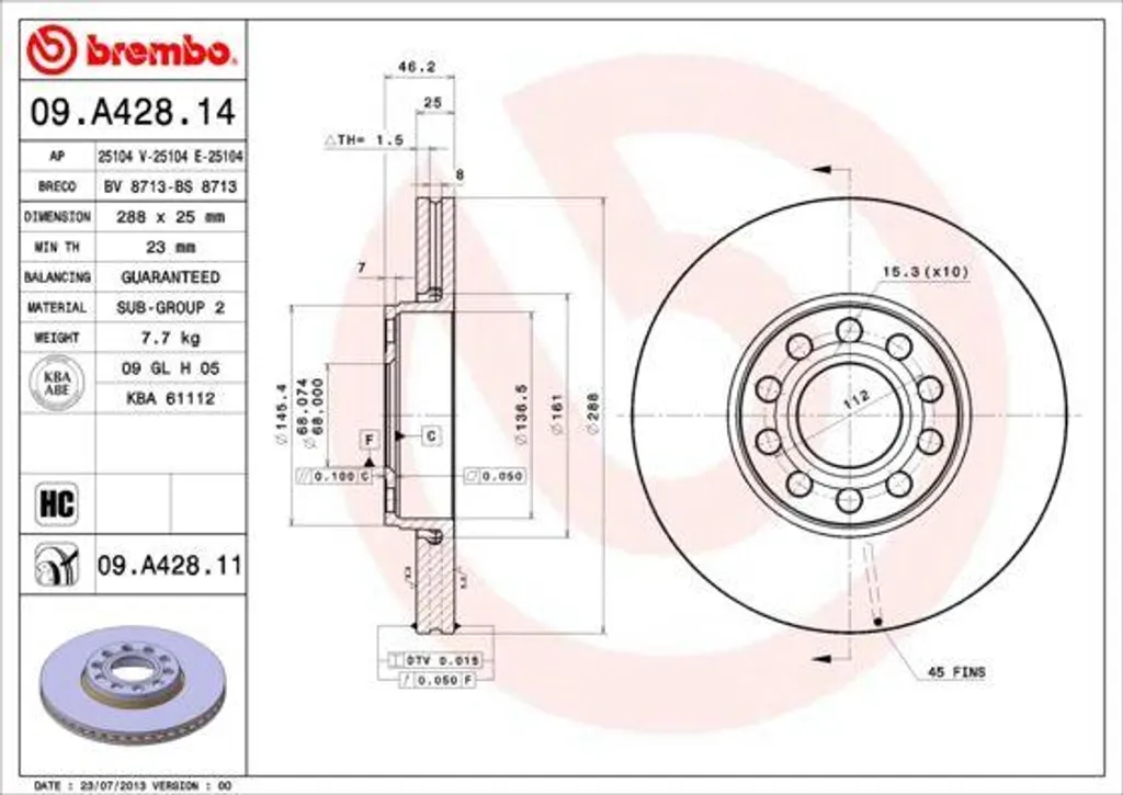Disque de frein Brembo 09.A428.11 Haute Performance avec Technologie Anti-Corrosion