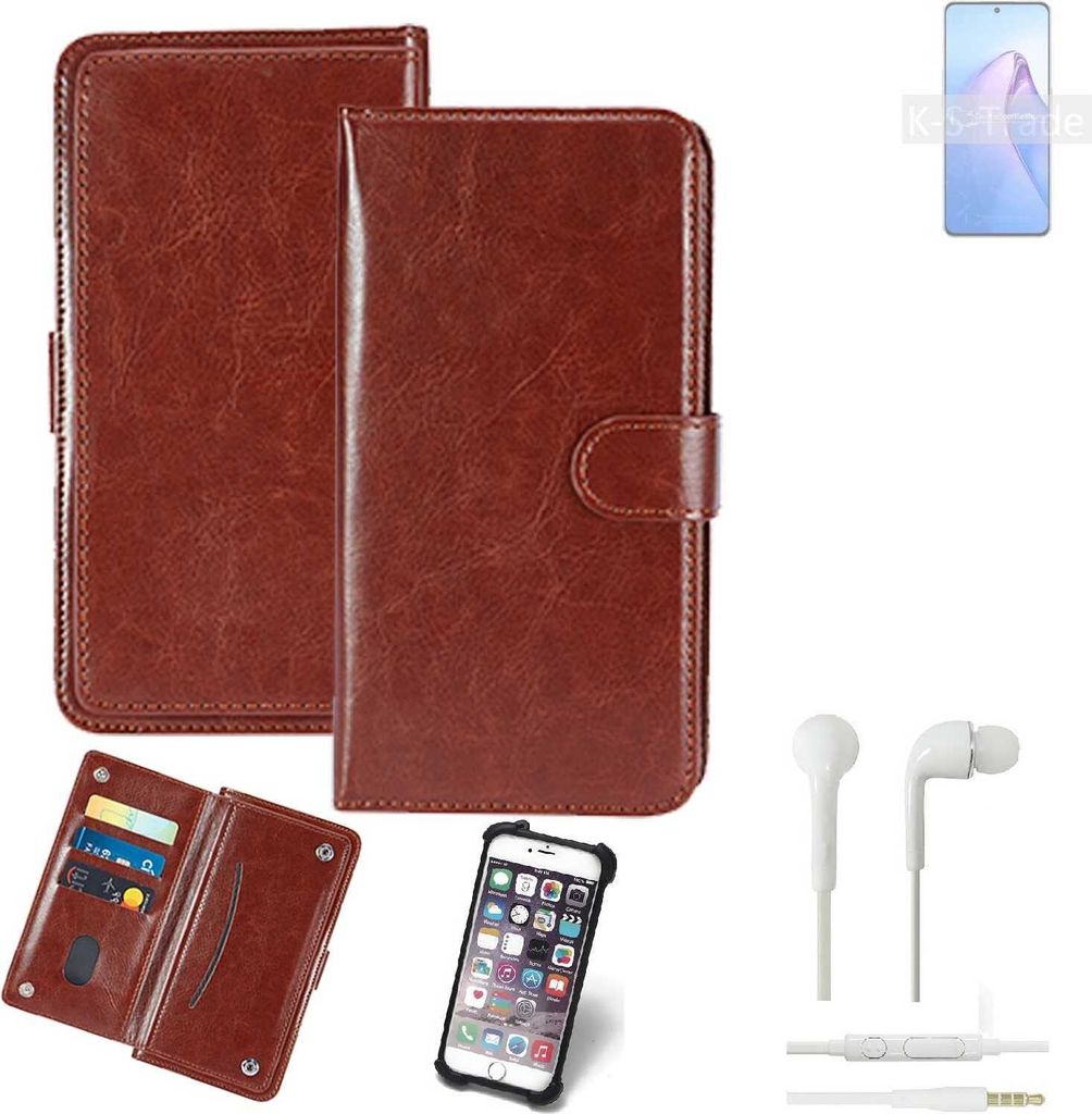 K-S-Trade 360° Hülle kompatibel mit Oppo Reno8 Pro Global inkl. Headphones braun Kunstleder Case BookCase WalletCase Kunstlederederhülle