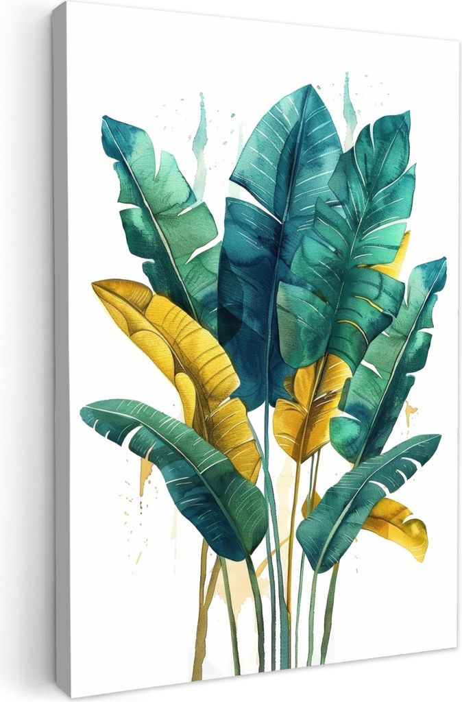 MuchoWow - Leinwandbilder - Blätter - Grün - Tropisch - Gold - Natur, Wandbild, Wanddeko Bilder Wohnzimmer, 60x90 cm