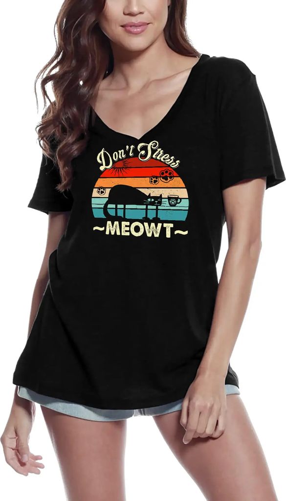 Damen Grafik T-Shirt V-Ausschnitt Retro Don't Stress Meowt Kitten Lover Öko-Verantwortlich Vintage Jahrgang Kurzarm Lustige Druck Geburtstag Geschenk
