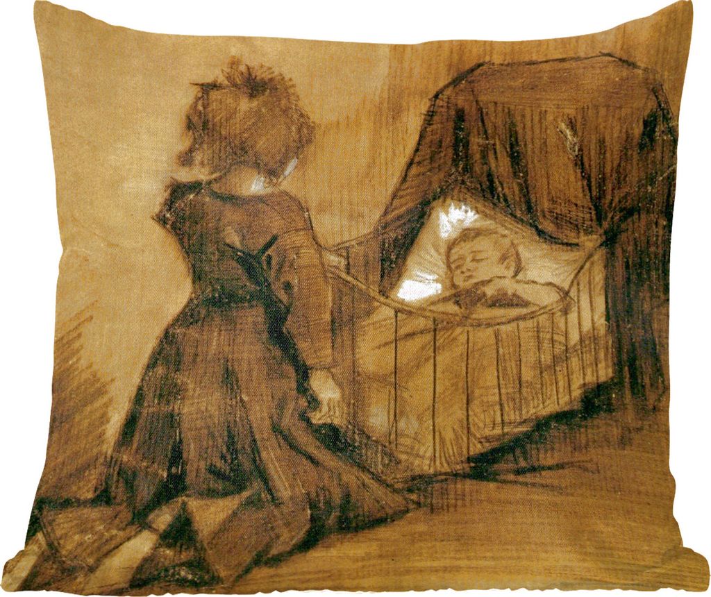 MuchoWow Zierkissen Sofakissen Wohnzimmer Dekokissen 60x60 cm Mädchen kniend bei einer Wiege - Vincent van Gogh - Sitzfläche - Foto Polster