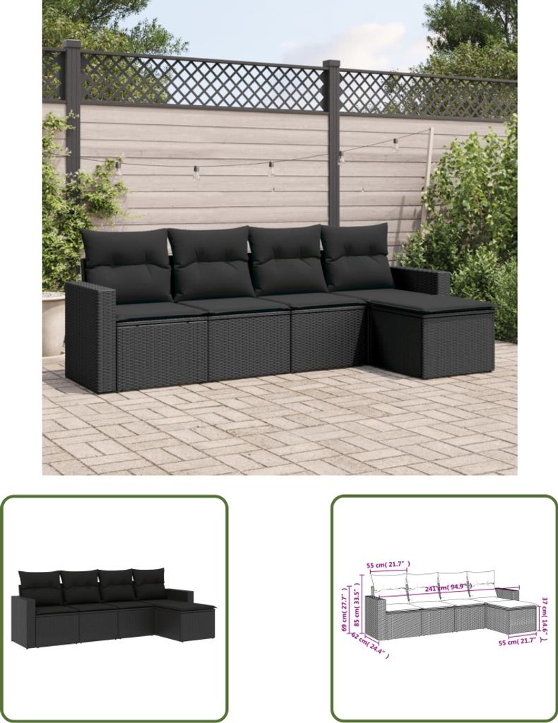 The Living Store 5-tlg. Garten-Sofagarnitur mit Kissen Schwarz Poly Rattan