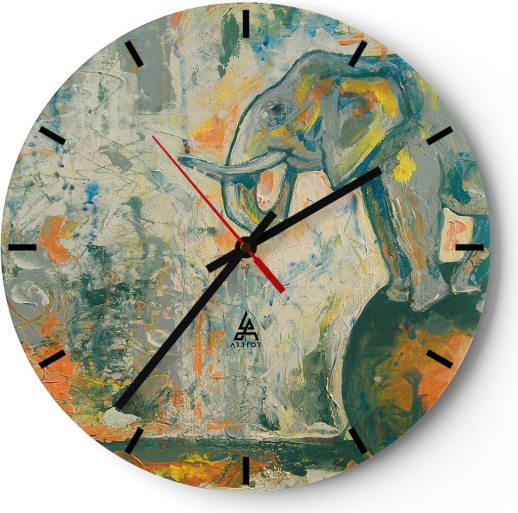 Wanduhr - Rund - Glasuhr - Elefant Abstraktion - 30x30cm - Schleichendes Uhrwerk - Lautlos - zum Aufhängen bereit - Dekoration Modern - Wanddekora...