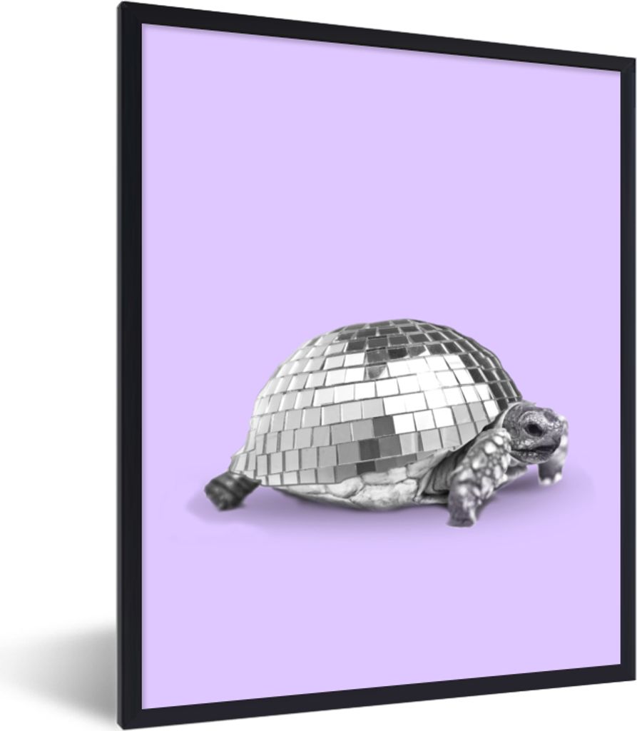 MuchoWow Gerahmtes Poster Schildkröte - Discokugel - Disco - Tier - Lila 30x40 cm - Poster mit Schwarzem Bilderrahmen Wandposter Rahmen Foto Bil...