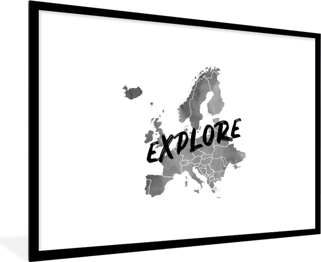 MuchoWow Gerahmtes Poster Europakarte in grauer Aquarellfarbe mit dem Text "Explore" über den Ländern - schwarz-weiß 90x60 cm - Poster mit Sch...