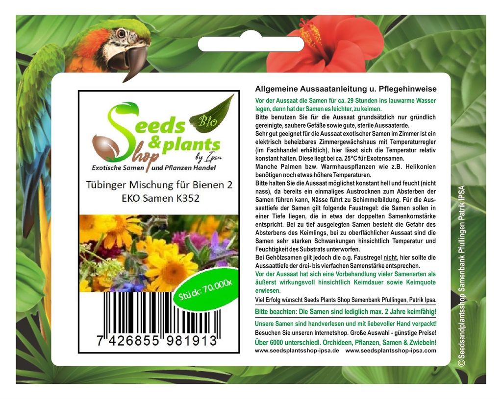 70000x Tübinger Mischung für Bienen EKO 500m2 Garten Pflanzen - Samen K352