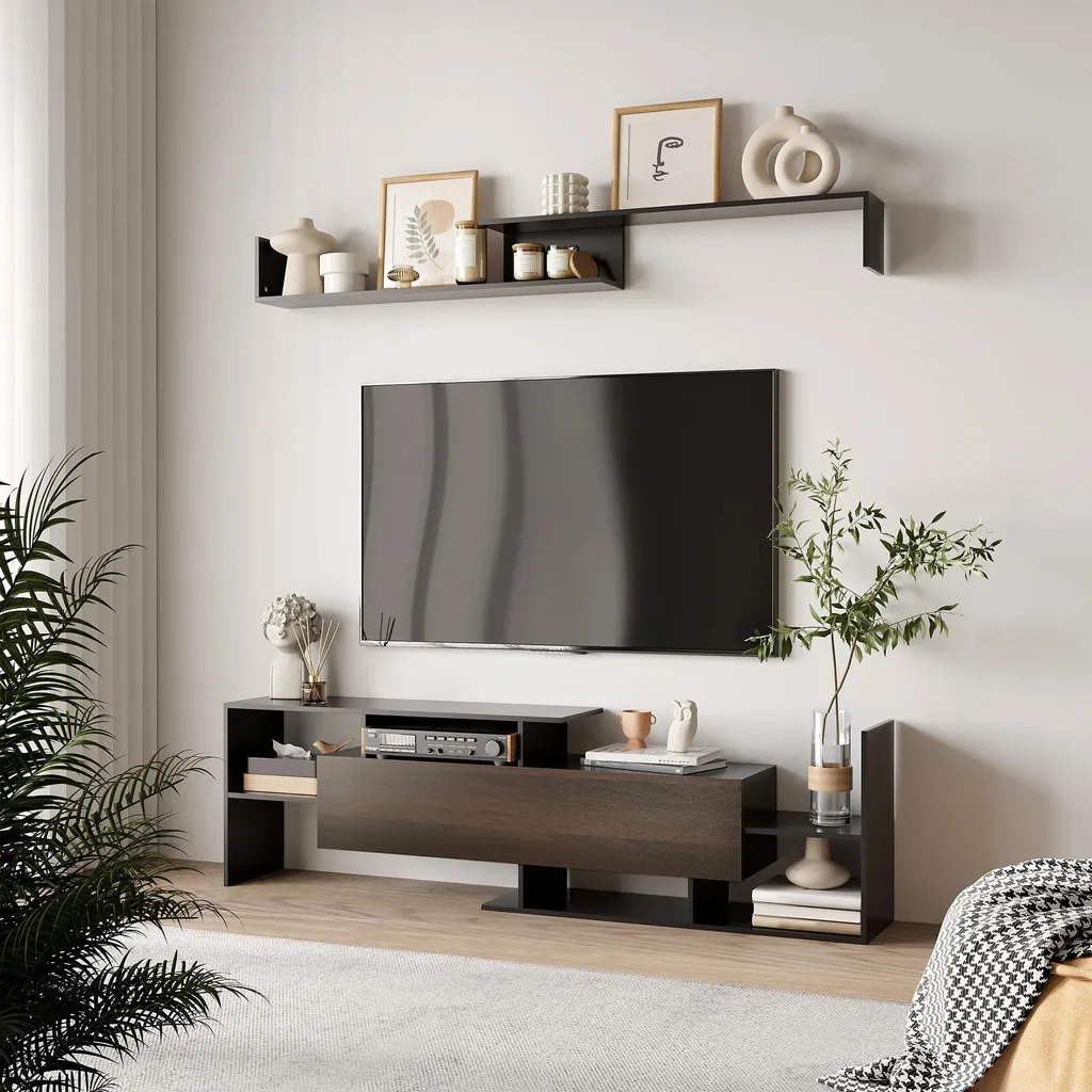 Optimisez votre salon avec ce meuble TV mural bois et buffet 154cm