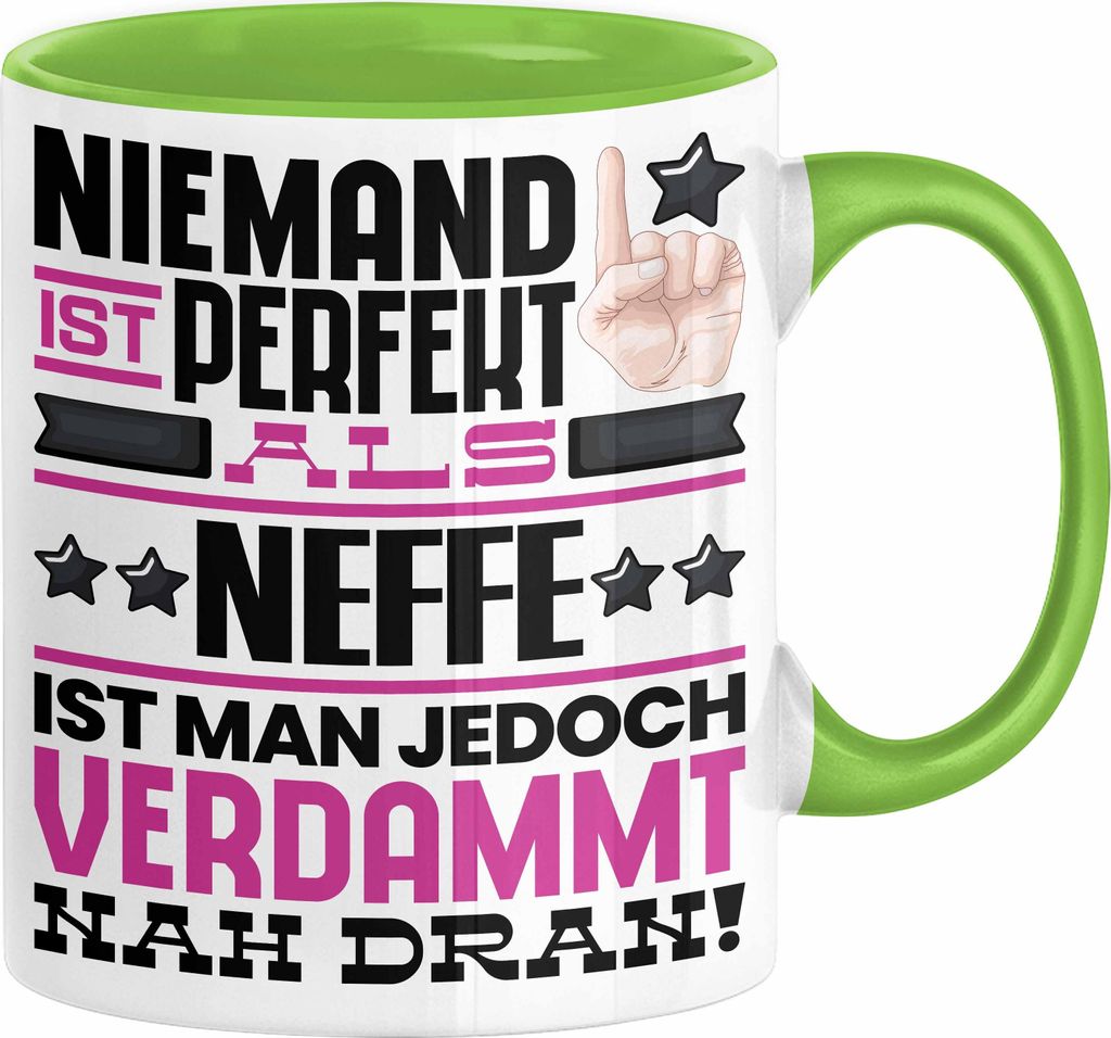 Neffe Geschenk Tasse Lustige Geschenkidee für Neffe Geburtstag Kaffee-Becher Niemand Ist Perfekt Aber Als Neffe Ist Man Nah Dran (Grün)