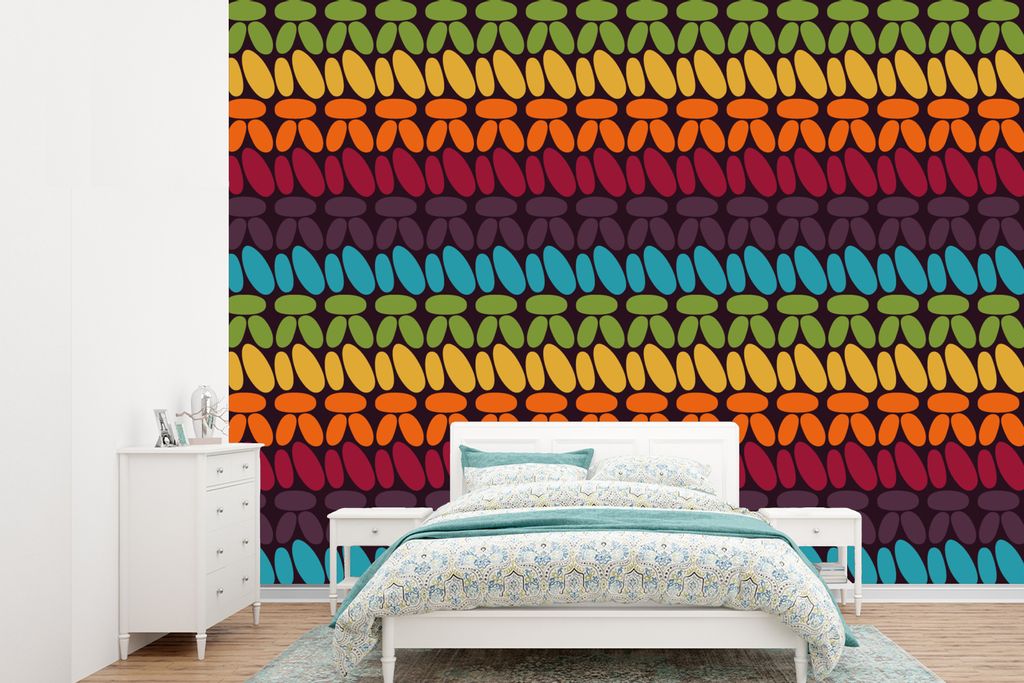 MuchoWow Fototapete für Wohnzimmer oder Schlafzimmer Wandtapete Vinyl Motivtapete Häkelmuster - Retro - Regenbogen - 305x220 cm - Wandbilder
