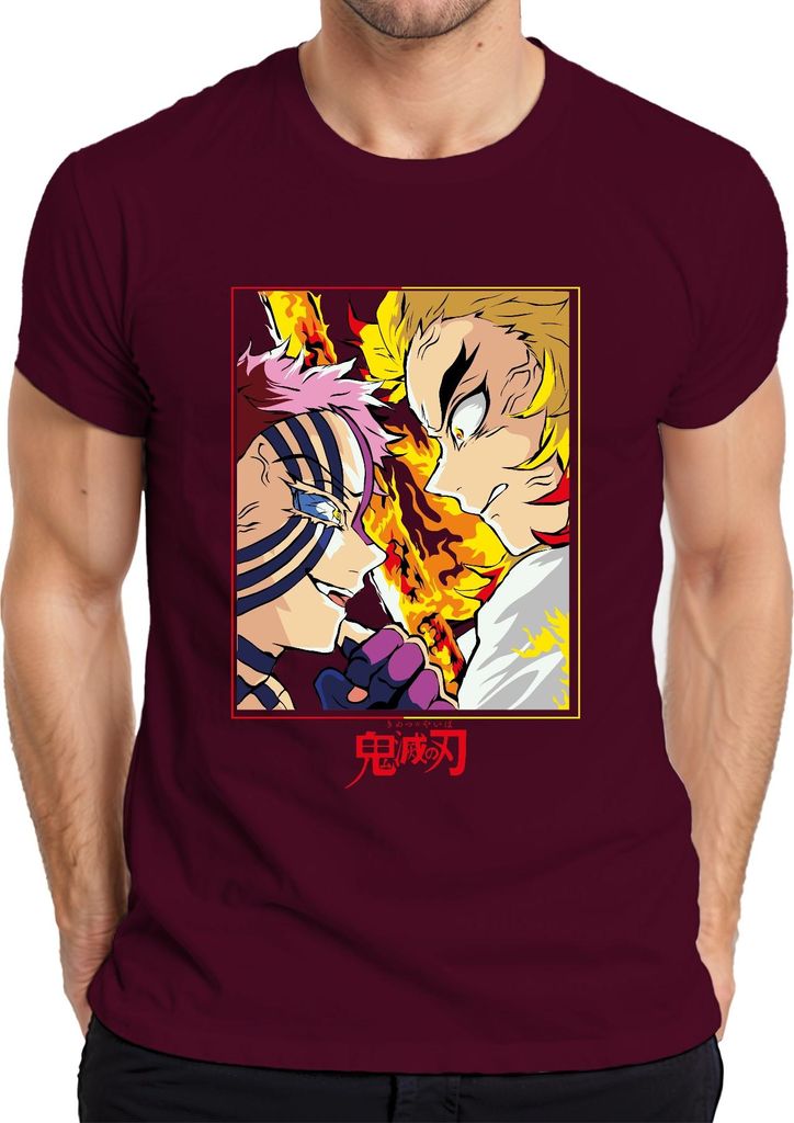 鬼滅の刃 Rengoku Akaza Flammenkampf Anime Geschenk Fan Herren T-Shirt, Burgundy, 3XL