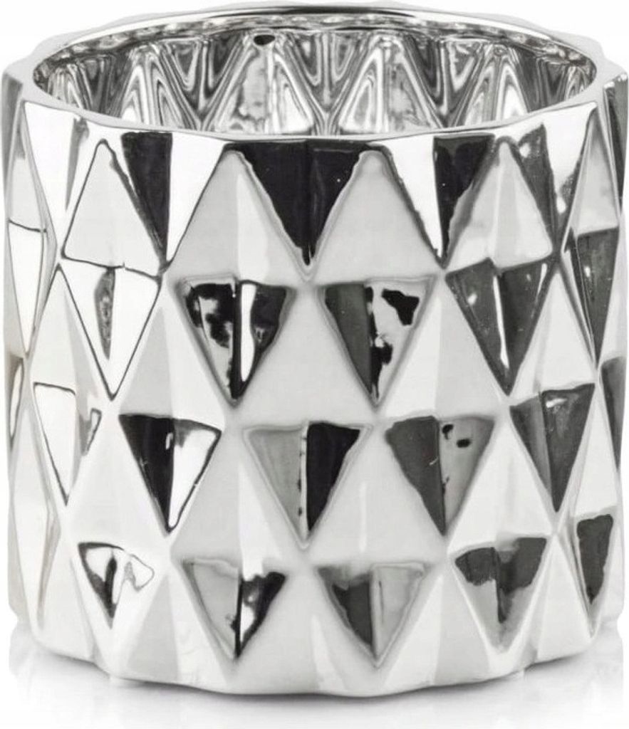 A silver ceramic planter with a geometric pattern.