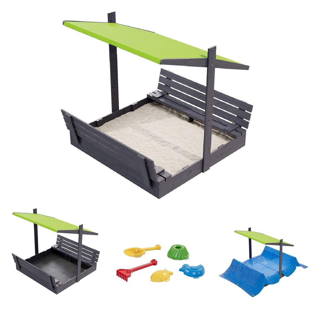 QLS Bac à sable en bois 150 cm avec banc et toit vert Image du produit 
