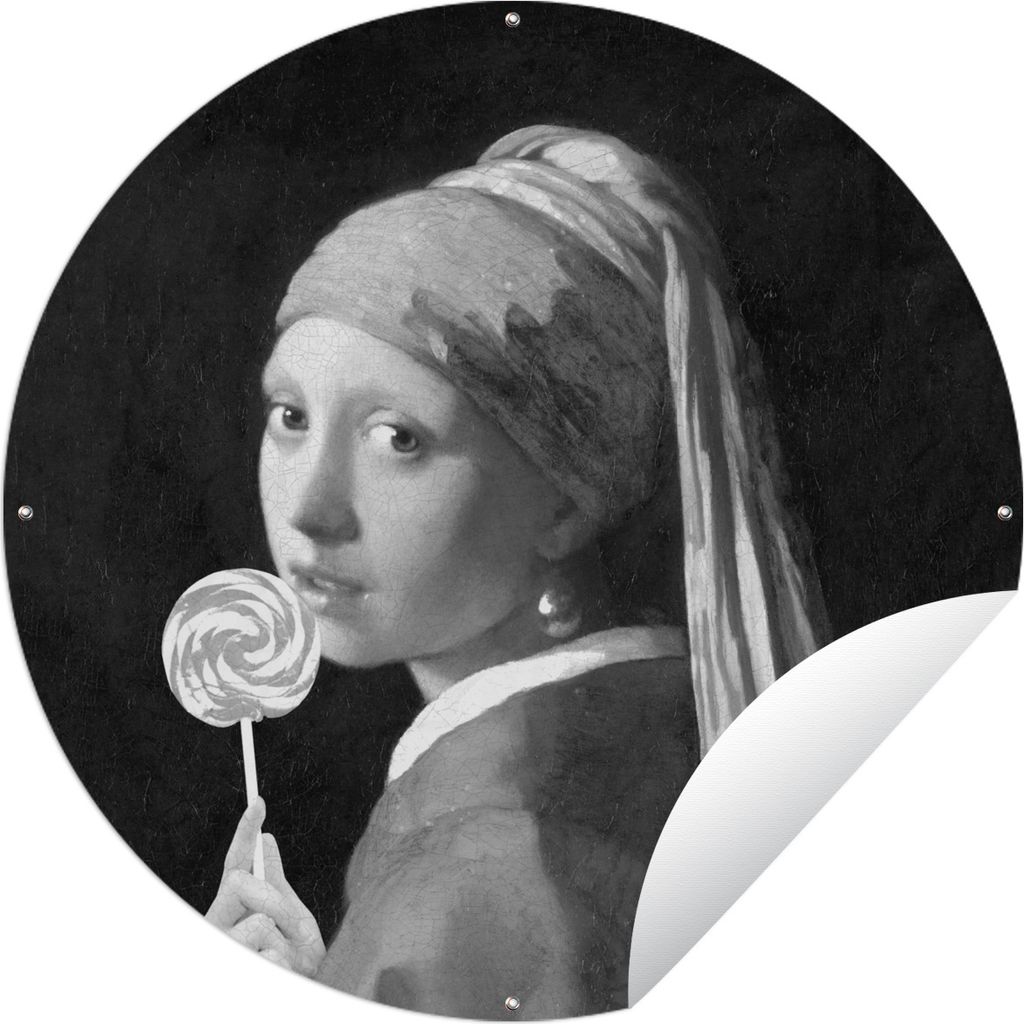 MuchoWow Gartenposter Outdoor-Poster Rund Das Mädchen mit dem Perlenohrring - Johannes Vermeer - Schwarz und weiß Ø 90 cm Gartendeko Rundes Po...