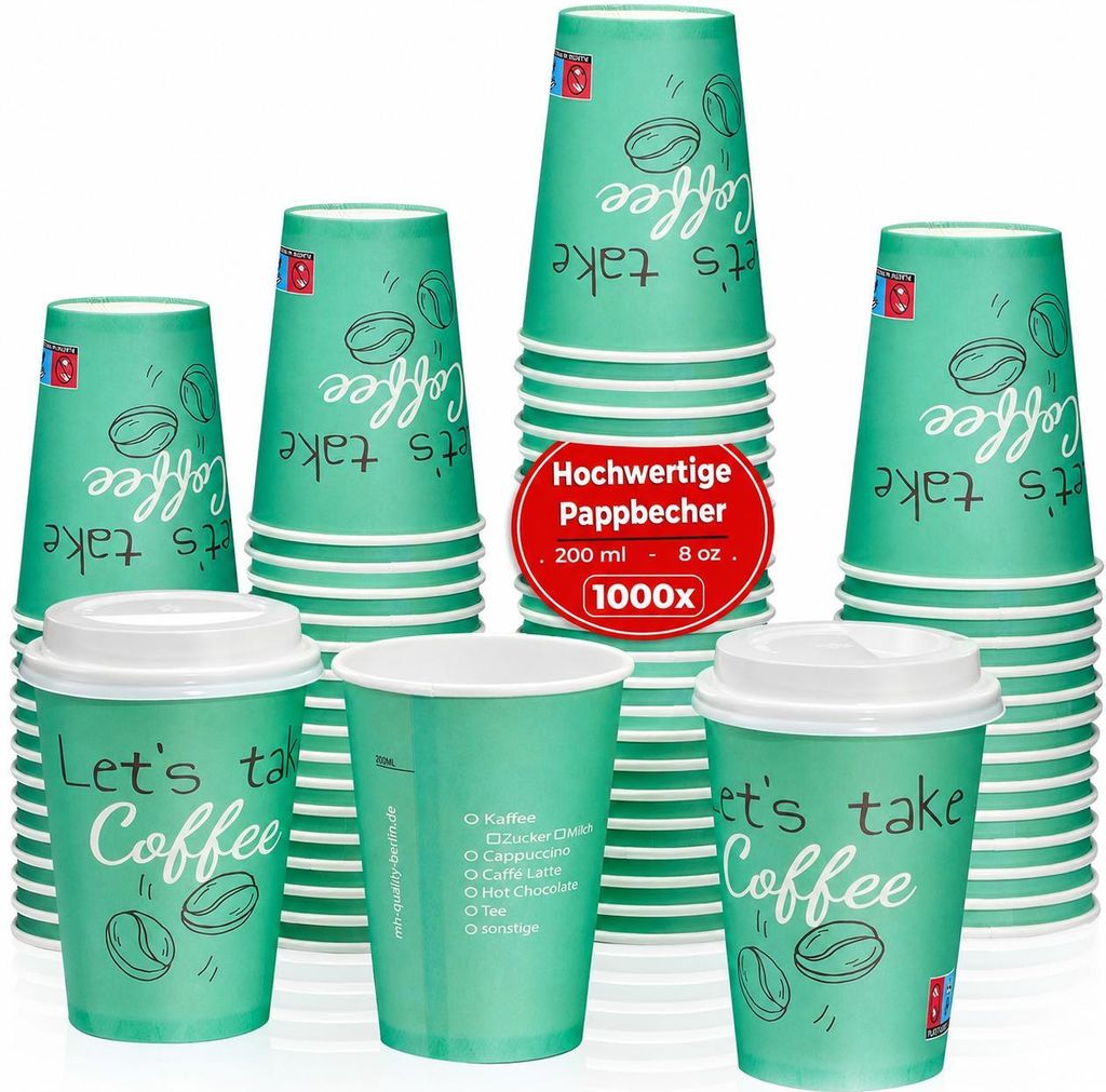 Pappbecher 200ml Grün 1000 Stück Einweg Kaffeebecher Coffee to go | Kaffeebecher 200ml | 8oz | Pappbecher grün | Heißgetränkebecher