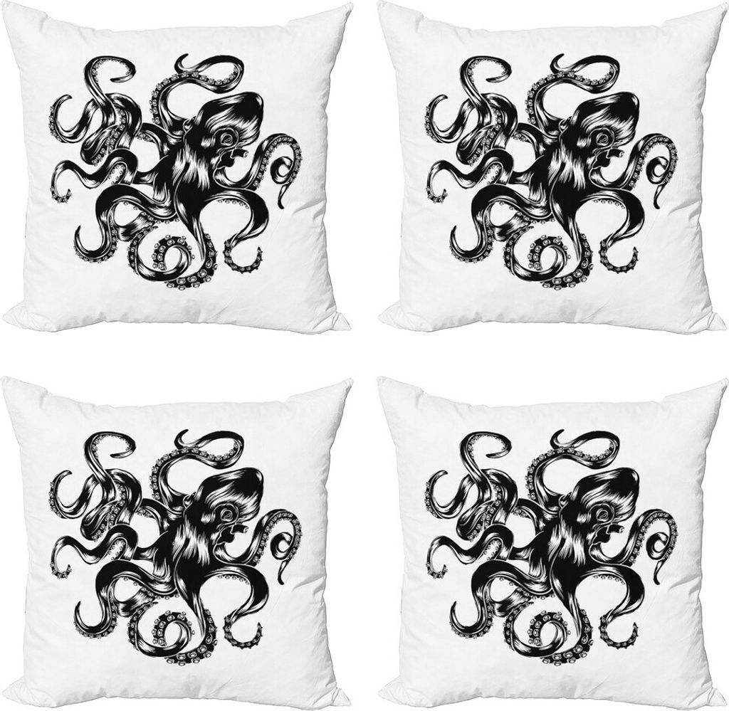 ABAKUHAUS Tintenfisch Kissenbezug Set (4 Stück), Sea Animal Silhouette Kunst, Moderner Doppelseitiger Digitaldruck, 40 cm x 40 cm, Weiß Koksgraue