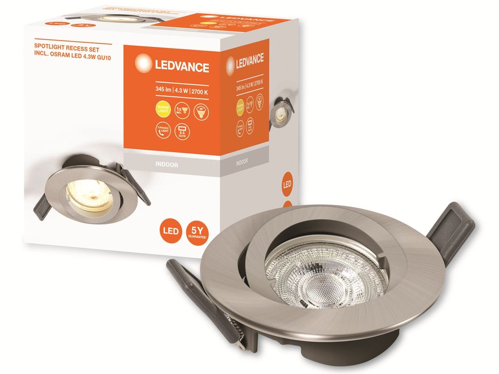 LEDVANCE Recess Set, Einbaustrahler, GU10, 1 Glühbirne(n), 4,3 W, 2700 K, Nickel