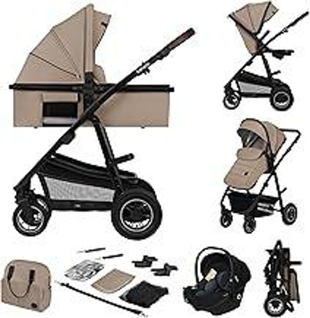 LIONELO Amber 3-in-1 Kombikinderwagen - Babywanne, Sportsitz, i-Size Autositz (40–87 cm), Luftreifen, wendbar, XXL-Dach UPF 50+, Tasche, Moskiton...