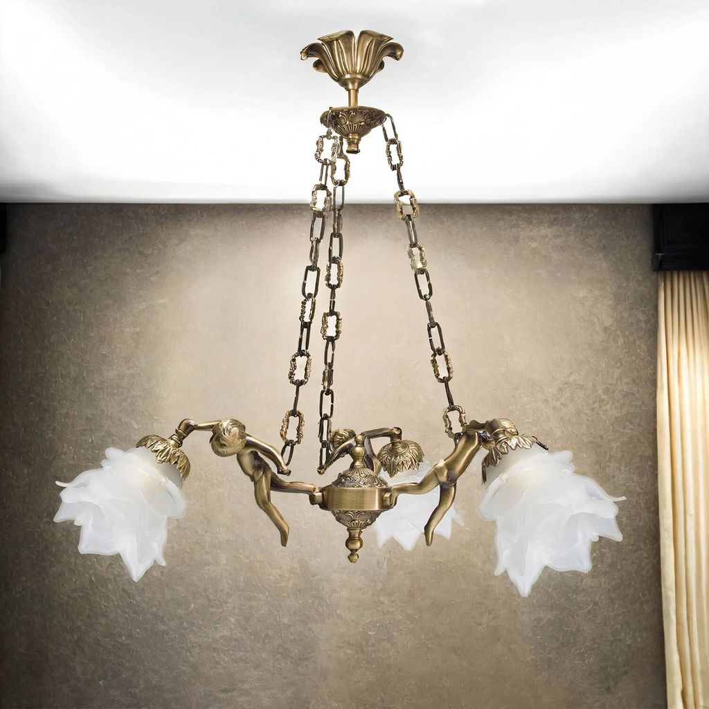 Florale Pendelleuchte Putti Bronze Echt Messing ITALY Echte Handwerkskunst vollendeter Qualität E27 230 Volt Jugendstil Deckenleuchte Innen Esszim...