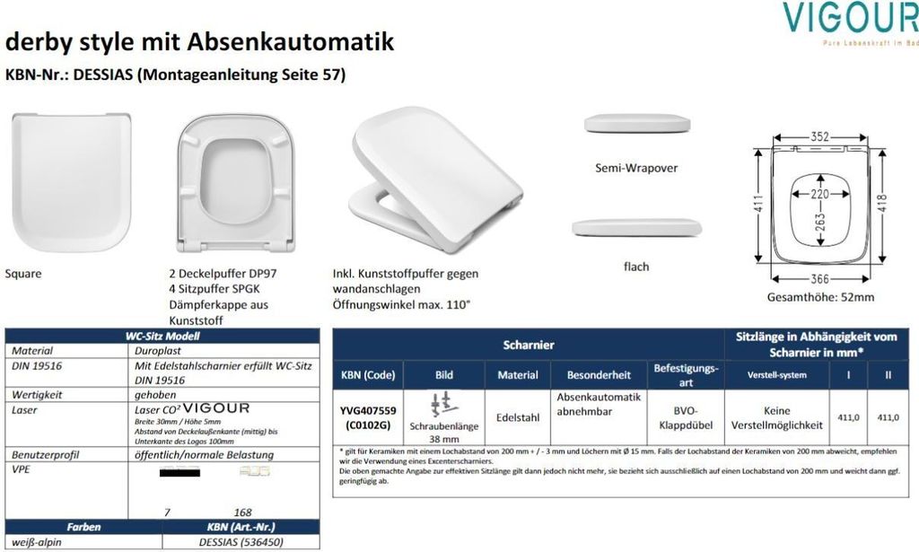 VIGOUR WC-Sitz Derby Style Edelstahlscharnier abnehmbar, Produktbild 9