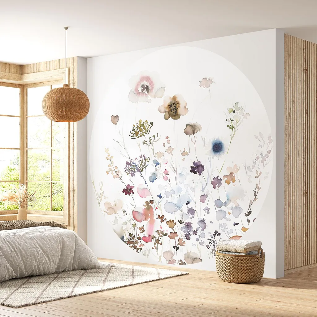 Décoration murale ronde autocollante à motif fleurs 90 cm Lumaléa