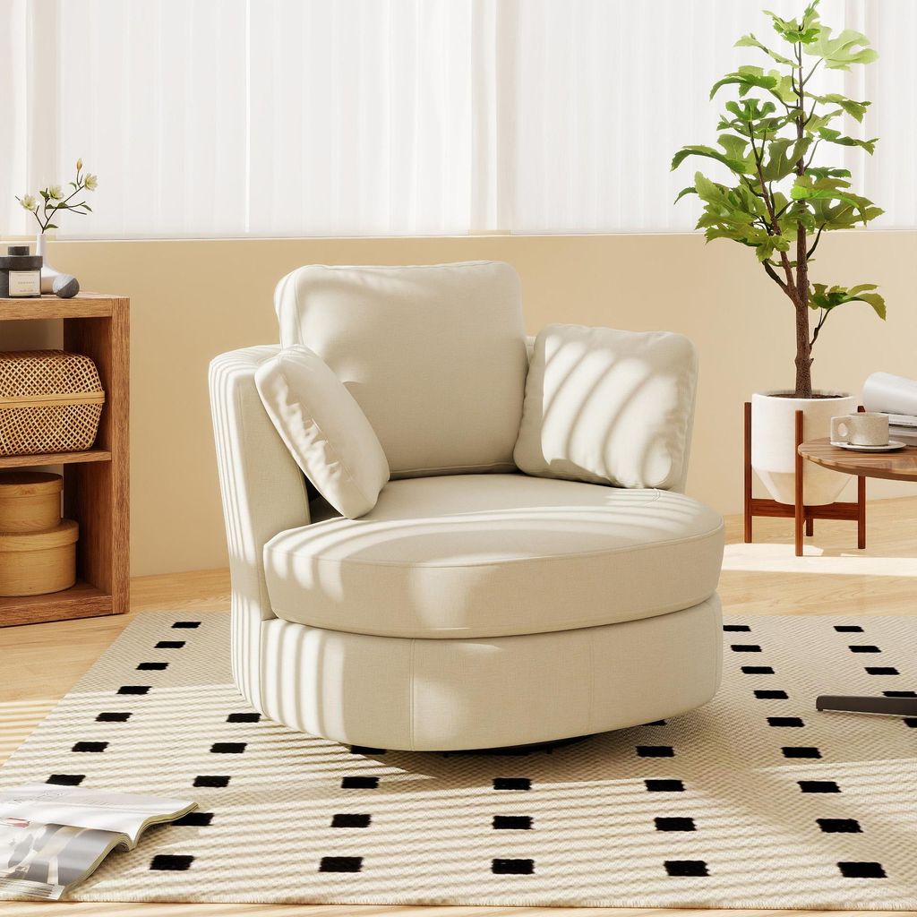okwish Drehsessel Einsitzer mit 360°-Drehfunktion, Polsterstuhl mit Kissen und hochelastische Sitzpolsterung, Loungesessel für Wohnzimmer in Beige