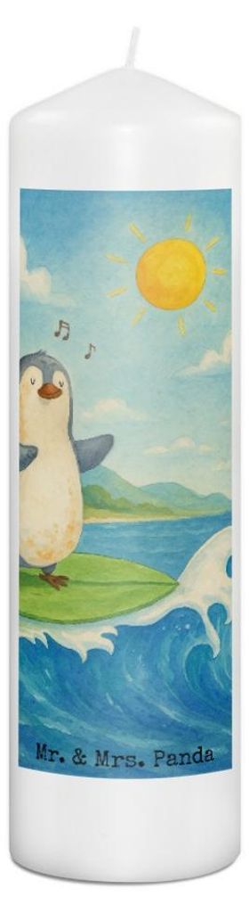 Mr. & Mrs. Panda Kerze Pinguin Surfer Design 29 x 8 cm XL - Weiß - Geschenk, Urlaub, Motiviert, Wellen, Stumpenkerze, Hawaii, Optimistisch, Portug...