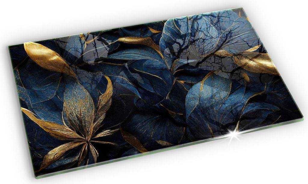 Glasplatte für Grabkerzen Gummifüße Glas Motiv - 52x30 cm - Dekorative Blätter mit Gold