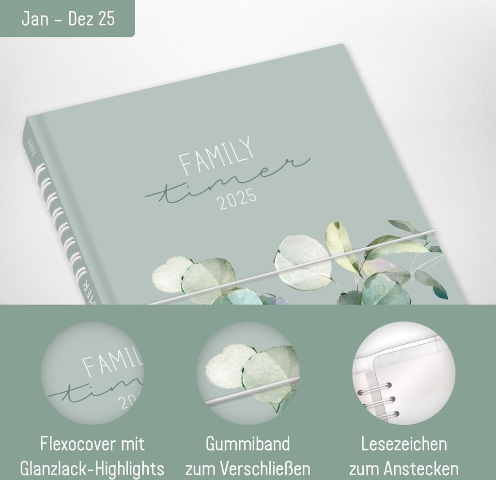 Family-Timer 2025 / 12 Monate / Minty Leaves / Häfft-Verlag Produktbild 2