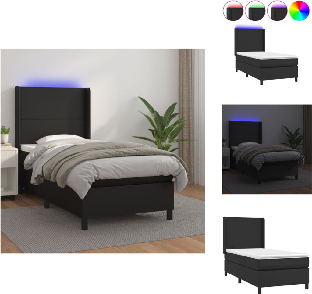 vidaXL Boxspringbett mit Matratze & LED Schwarz 90x190 cm Kunstleder - Betten & Bettgestelle