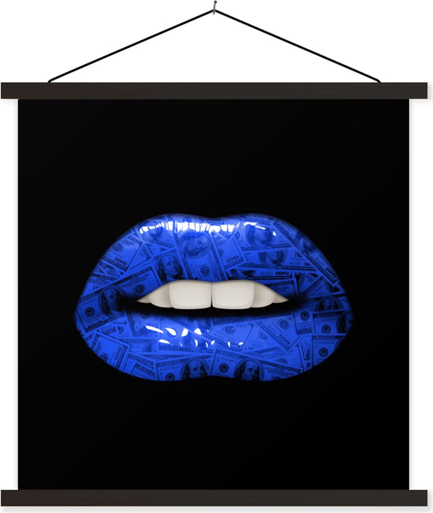 MuchoWow Textilposter Lippen - Geld - Blau 90x90 cm mit schwarzem Rahmen - Magnetisches
