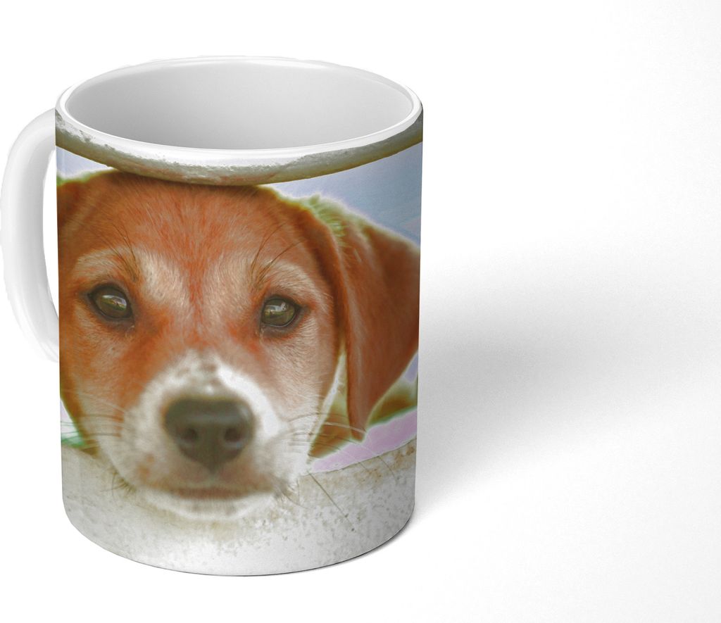 MuchoWow Tasse Kaffeetasse Kaffeebecher 350 ml Ein Welpe schaut durch einen Zaun Teetasse - Fototasse - Becher - Keramikbecher - Teebecher - Kaff...