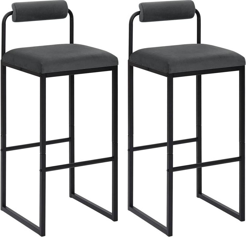 Two dark gray bar stools with black metal frames are shown against a white background.