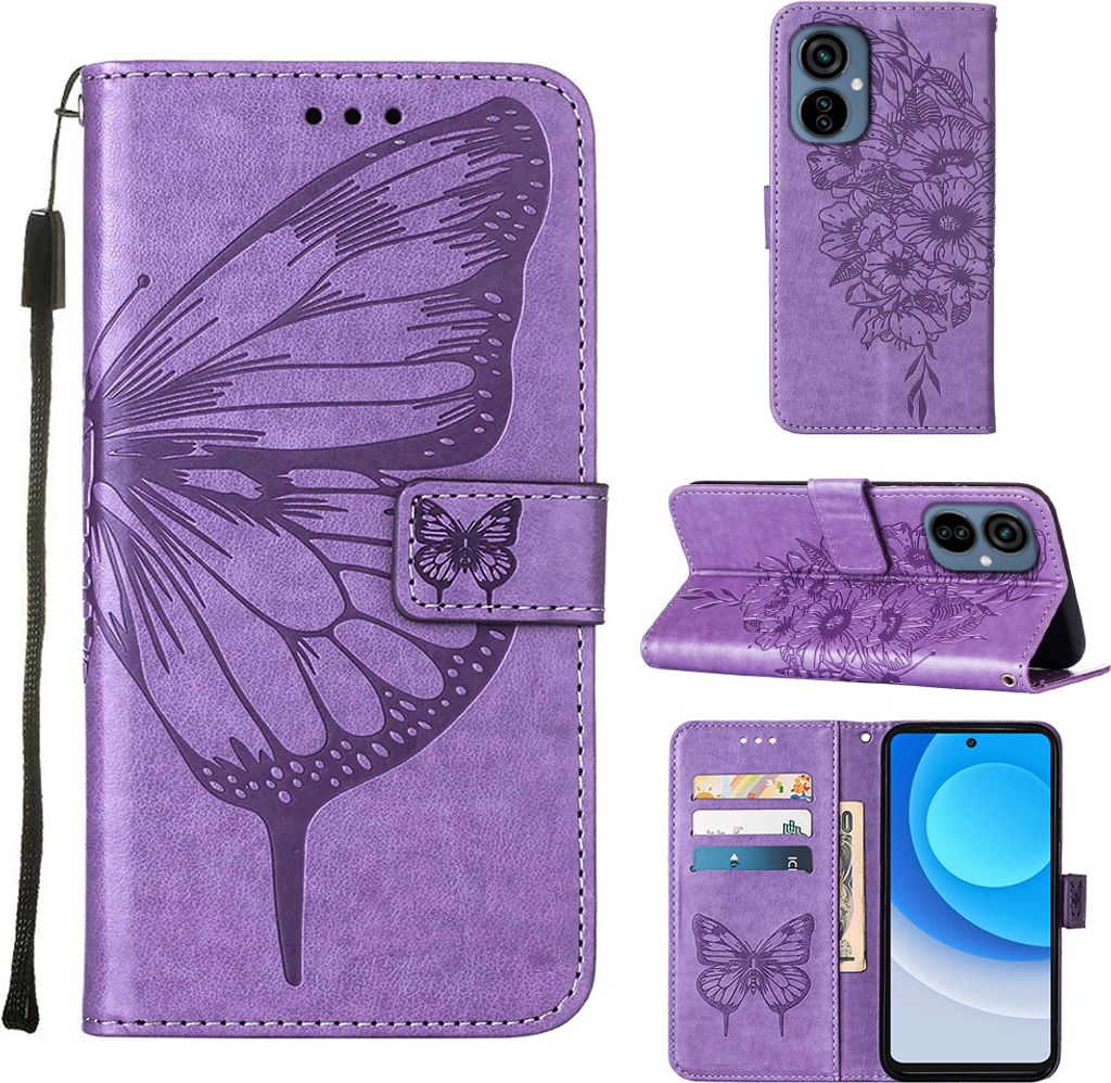 Tecno Camon 19 Neo Hülle, Schmetterling Prägung Flip Leder Kartenfächer Schutzhülle Ledertasche mit Ständer für Tecno Camon 19 Neo Violett