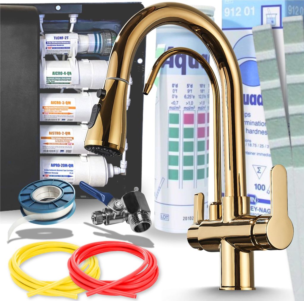 Ari Nordic 3-Wege Küchenarmatur Gold Ausziehbar mit 5-Stufen Wasserfiltersystem Untertisch Trinkwasserfilter