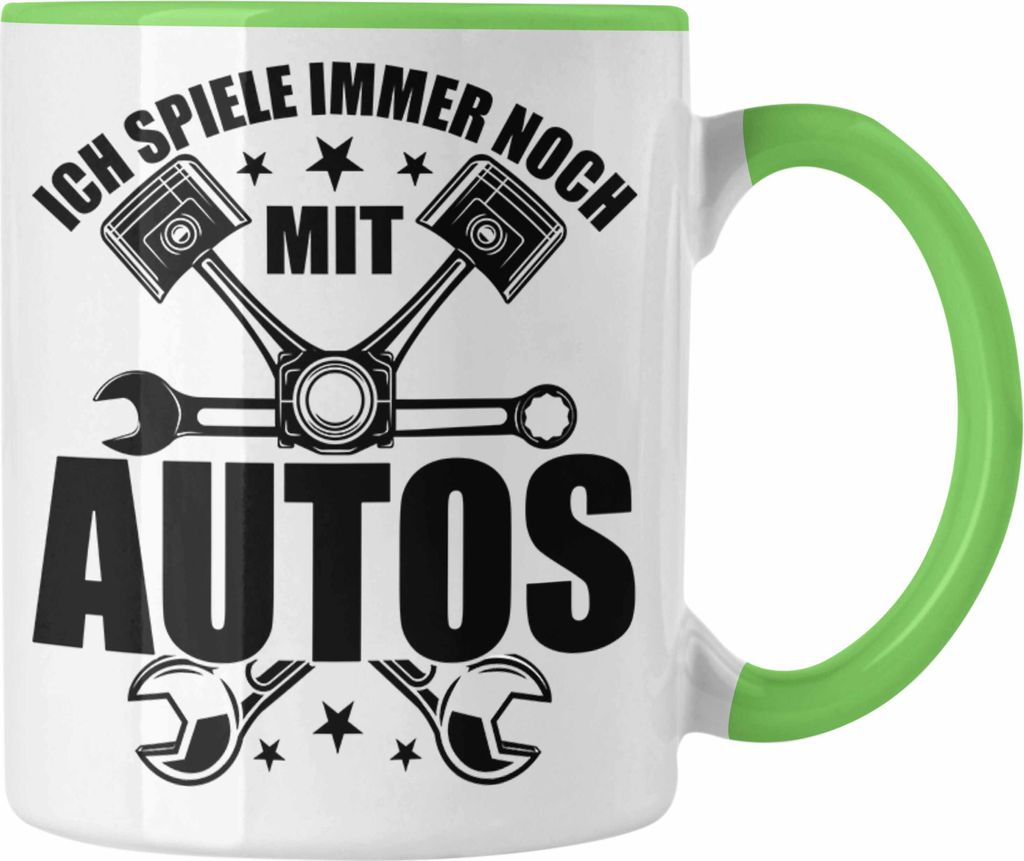 Trendation - KFZ Mechaniker Tasse Geschenk Spruch Männer KFZ Mechatroniker Geschenkidee Becher Werkstatt Ich Spiele Immer Noch Mit Autos (Grün)